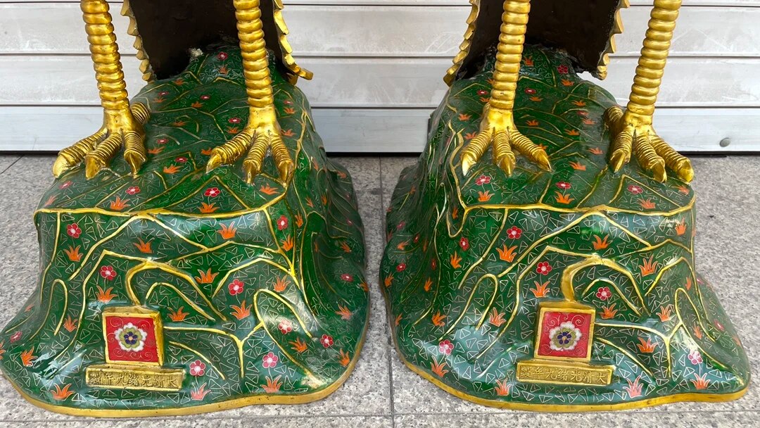 49"Tibet Temple Collection Old Bronze Cloisonne Enamel Phoenix Divine Beast Statue A pair Amass wealth Ornaments Town house