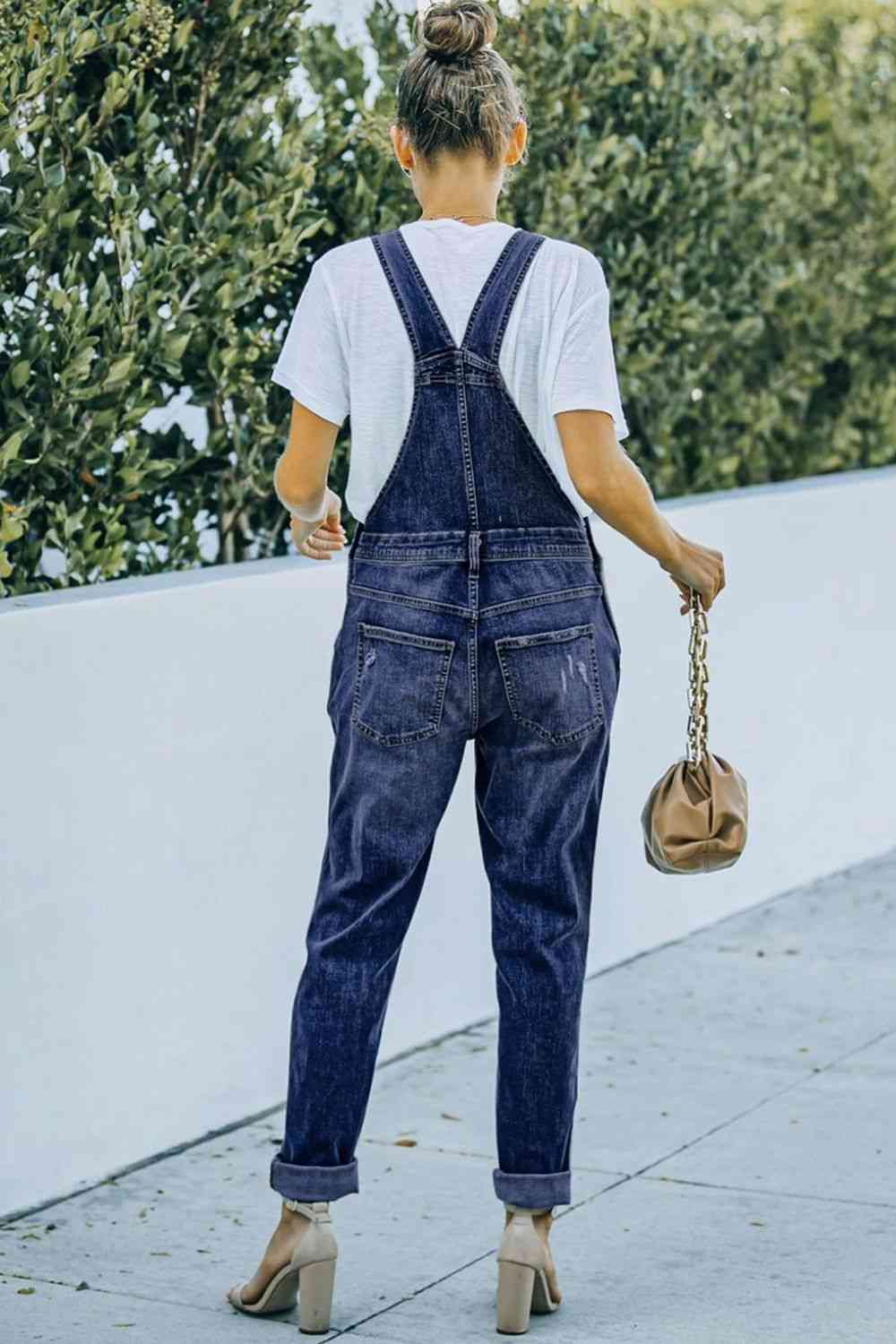 Pocketed Distressed Denim Overalls - KAISERINC