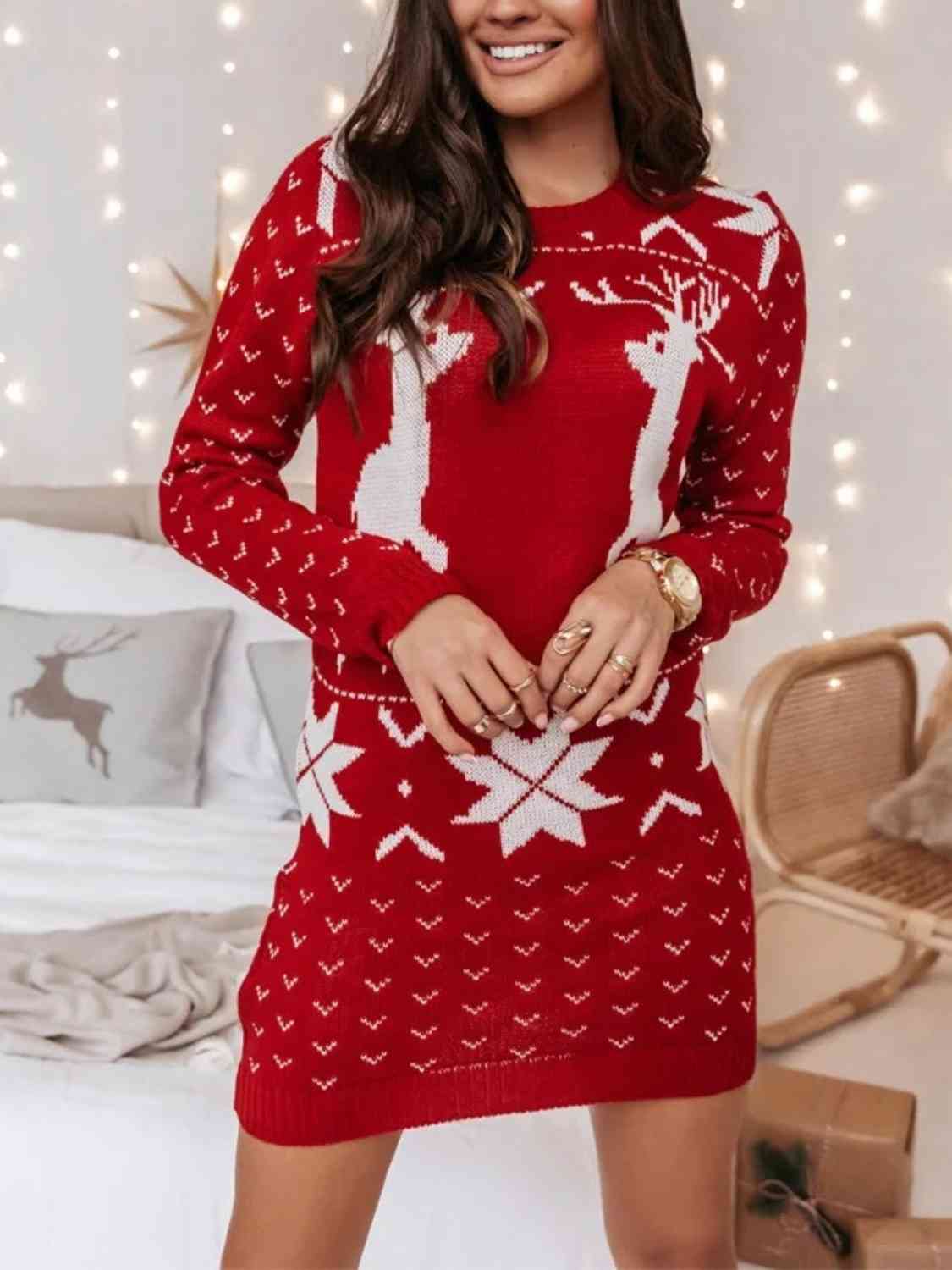 Reindeer Print Tunic Sweater Dress - KAISERINC
