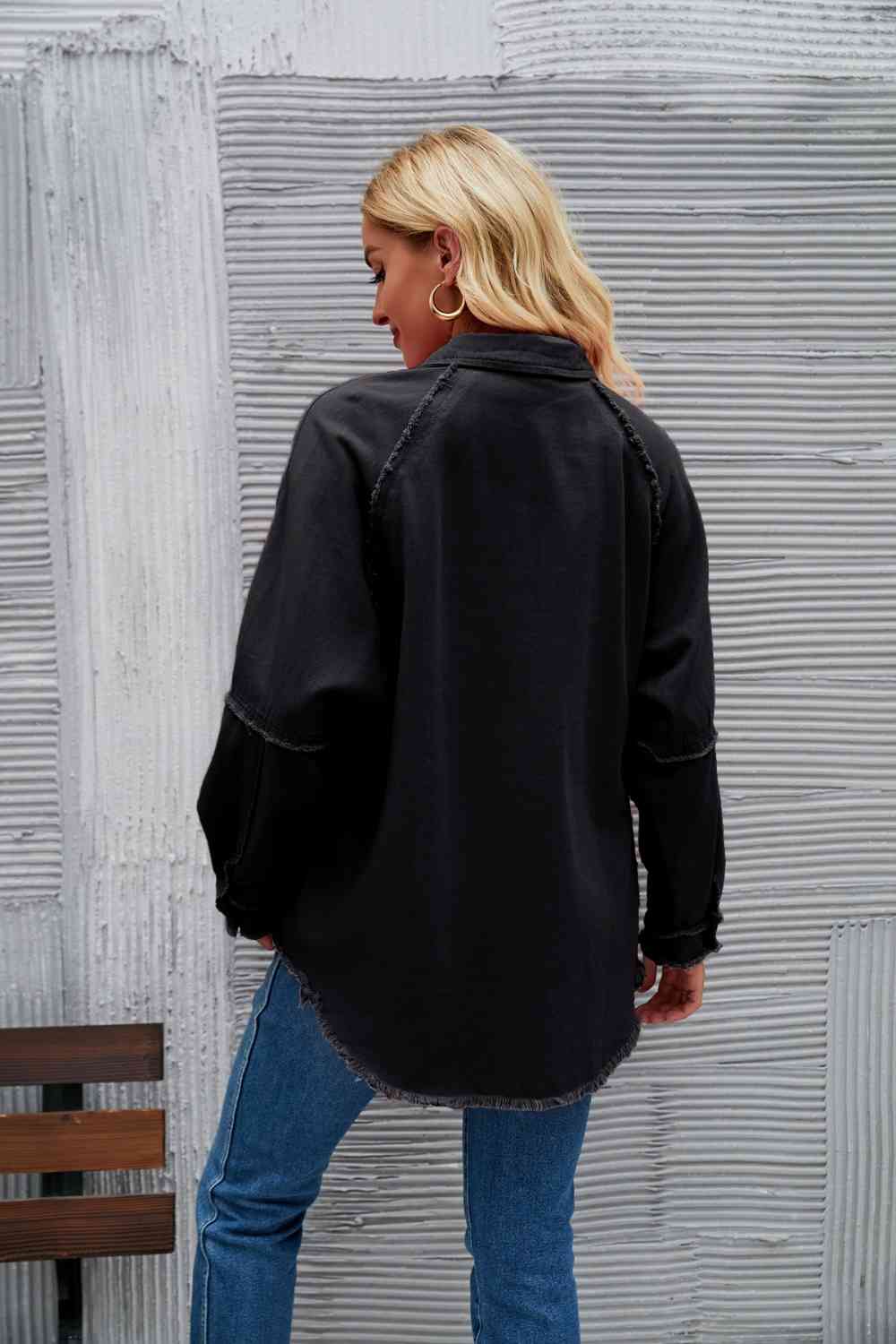 Raw Hem Collared Denim Jacket - KAISERINC