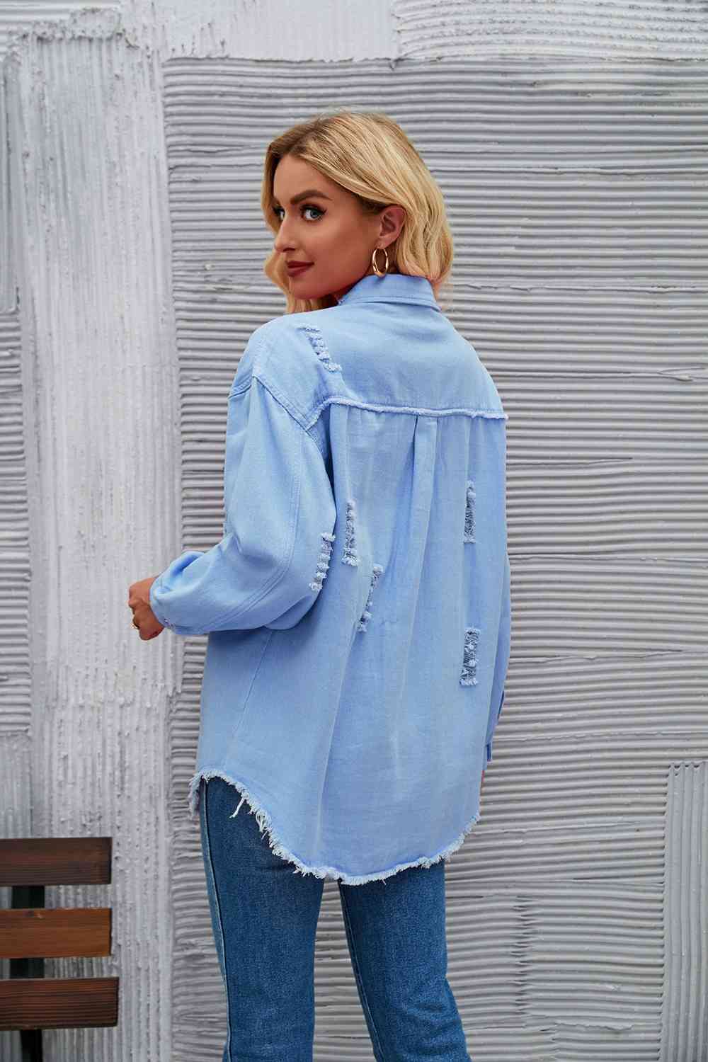 Distressed Raw Hem Denim Jacket - KAISERINC