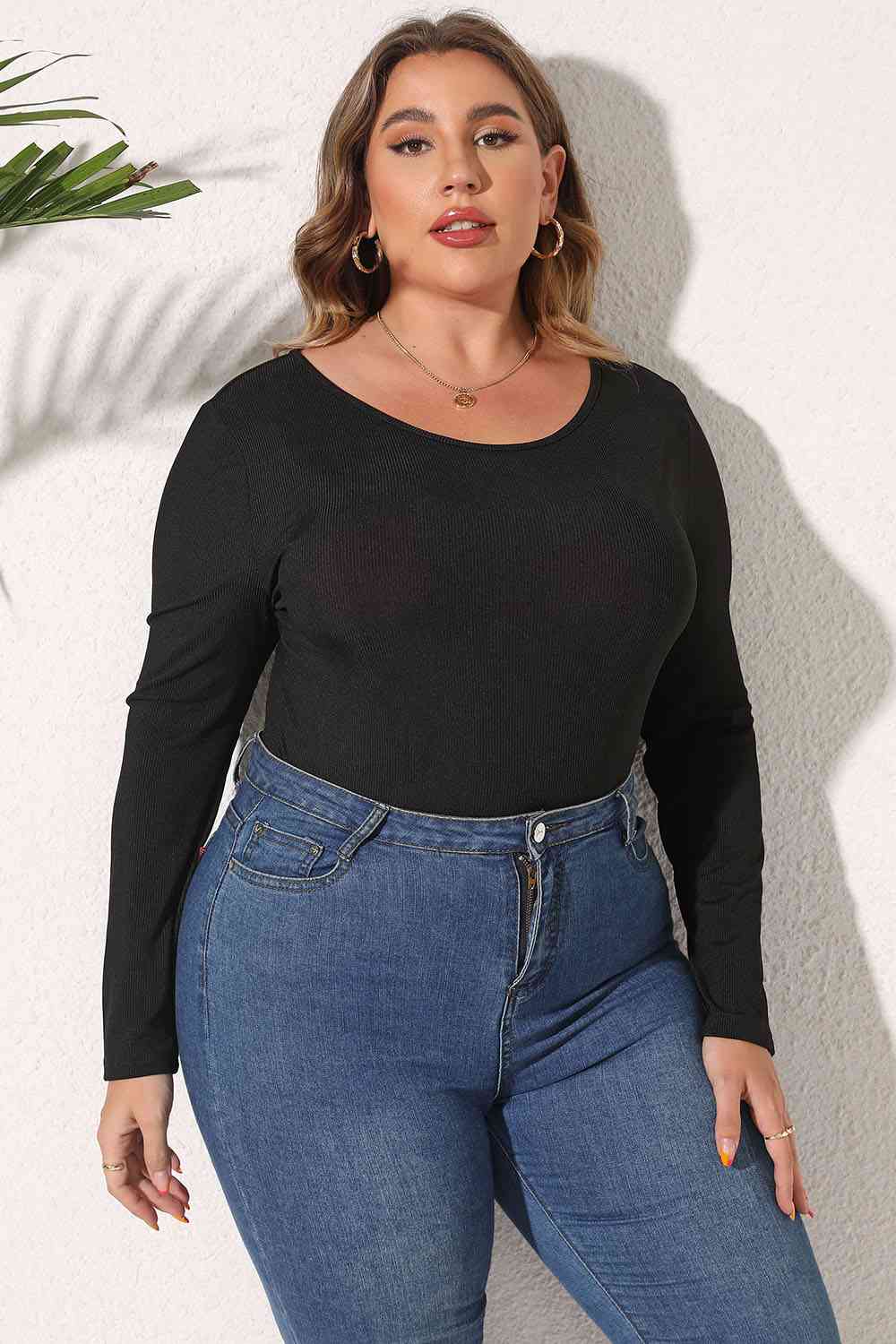 Plus Size Round Neck Long Sleeve Bodysuit - KAISERINC