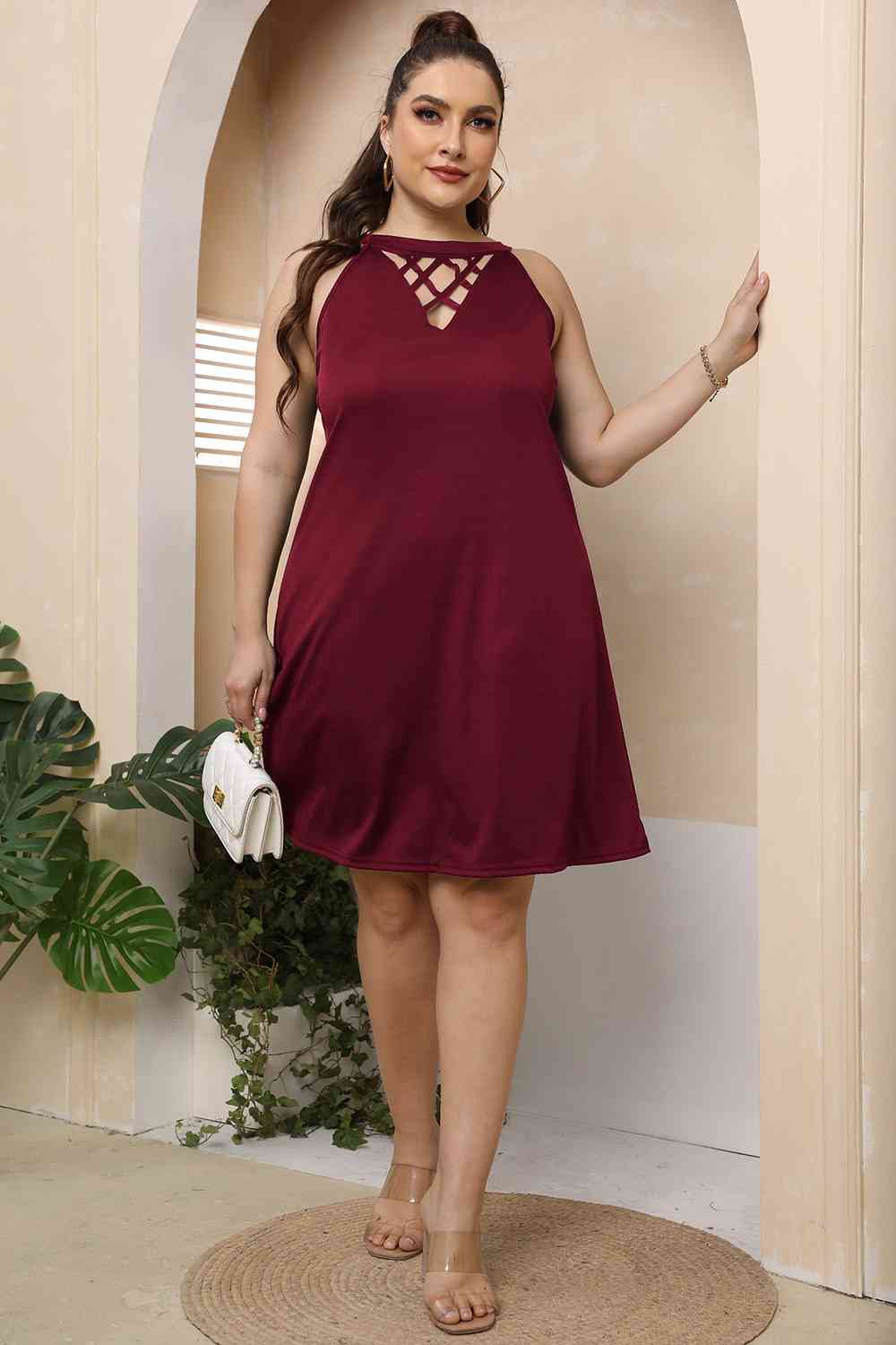 Plus Size Cutout Round Neck Sleeveless Dress - KAISERINC