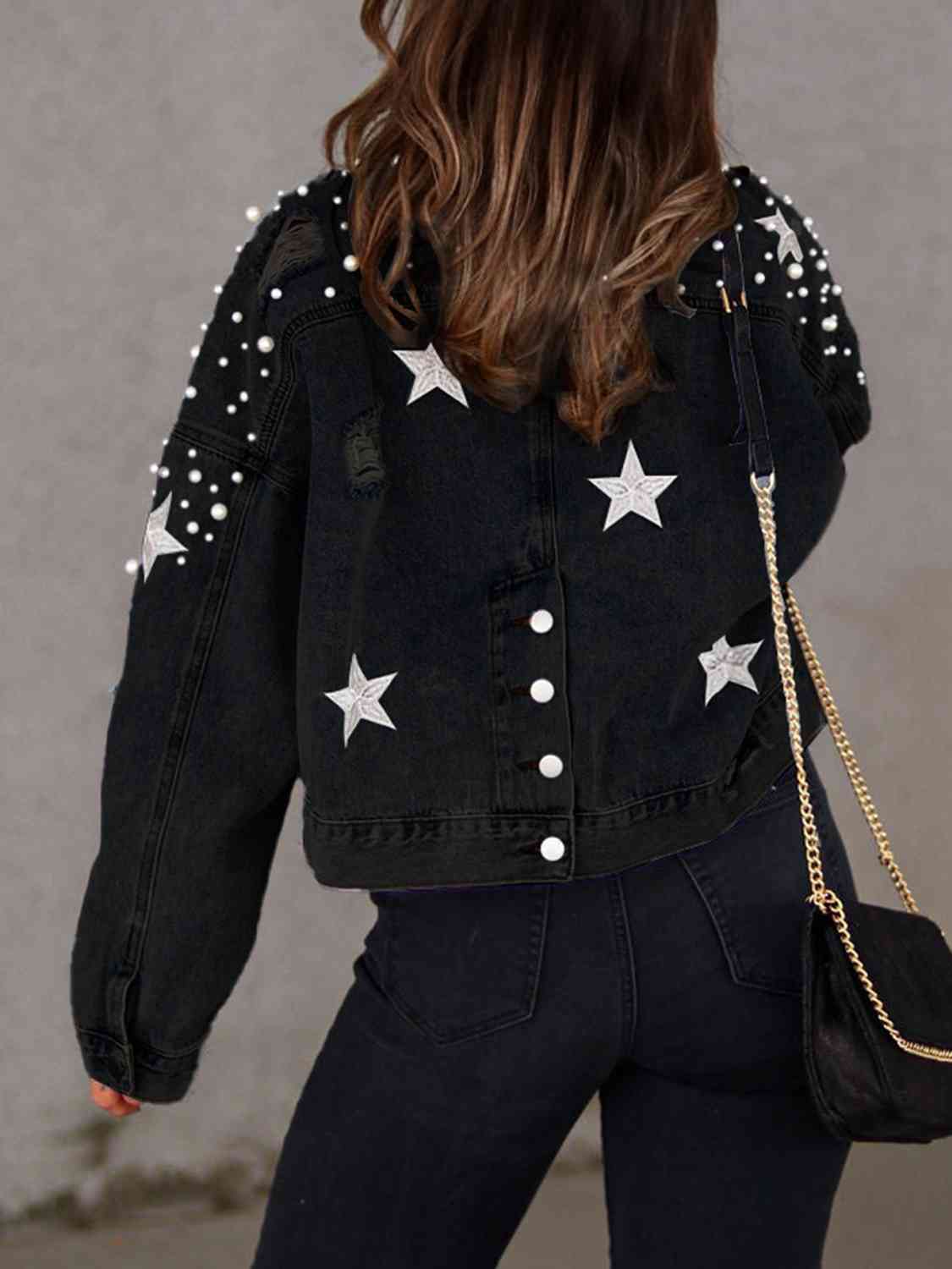 Pearl Trim Button Up Denim Jacket with Pockets - KAISERINC