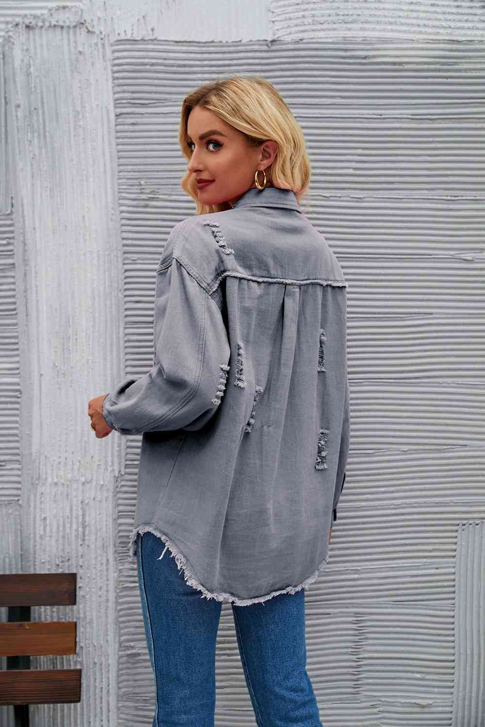 Distressed Raw Hem Denim Jacket - KAISERINC