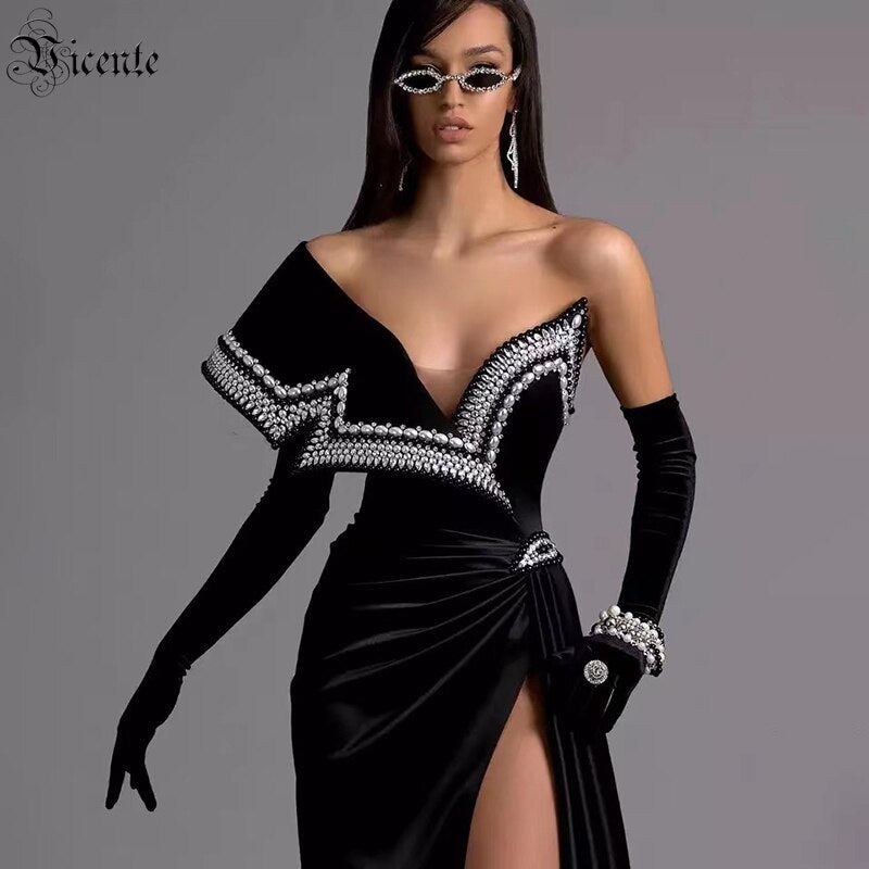 New One-Shoulder Beaded Fashion Beautiful Pleated Folds Slim Long Slit Bandage Dress - KAISERINC