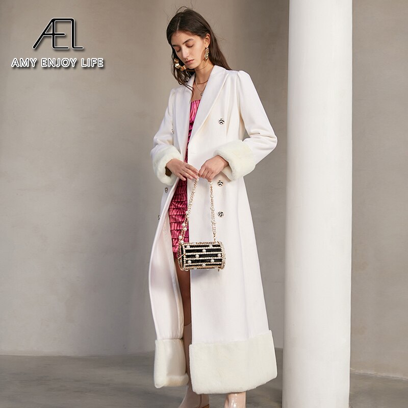 AEL Woolen Coat women Winter Lapel Collar Double-Breasted Warm Overcoat Snow White Slim Long Blazer - KAISERINC