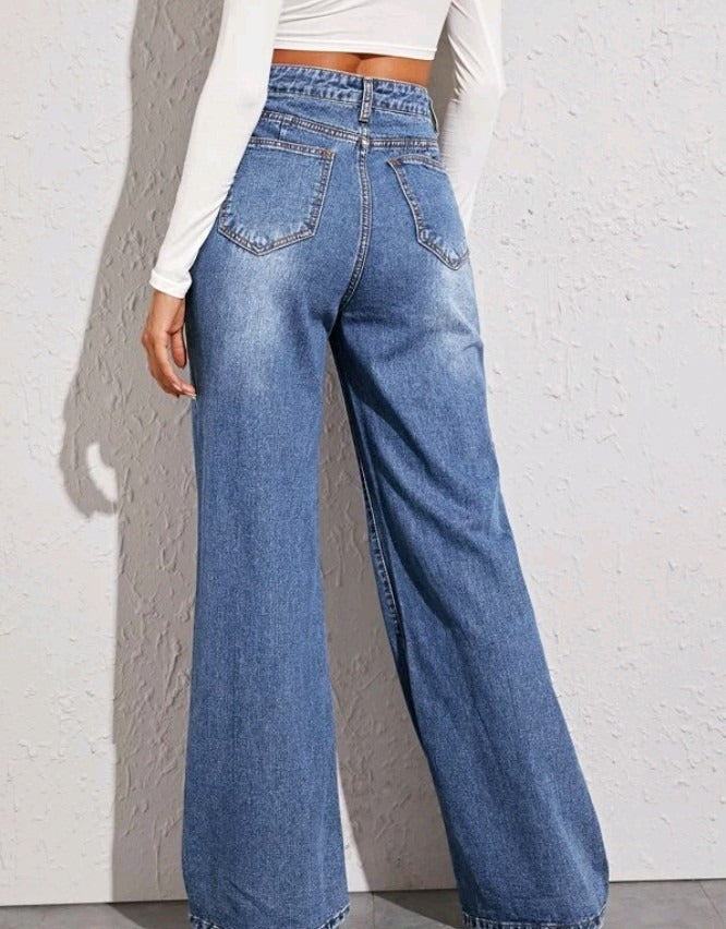 High Waist Loose Jeans For Women Fashion Casual Denim Wide Leg Pants Street Casual Trousers - KAISERINC