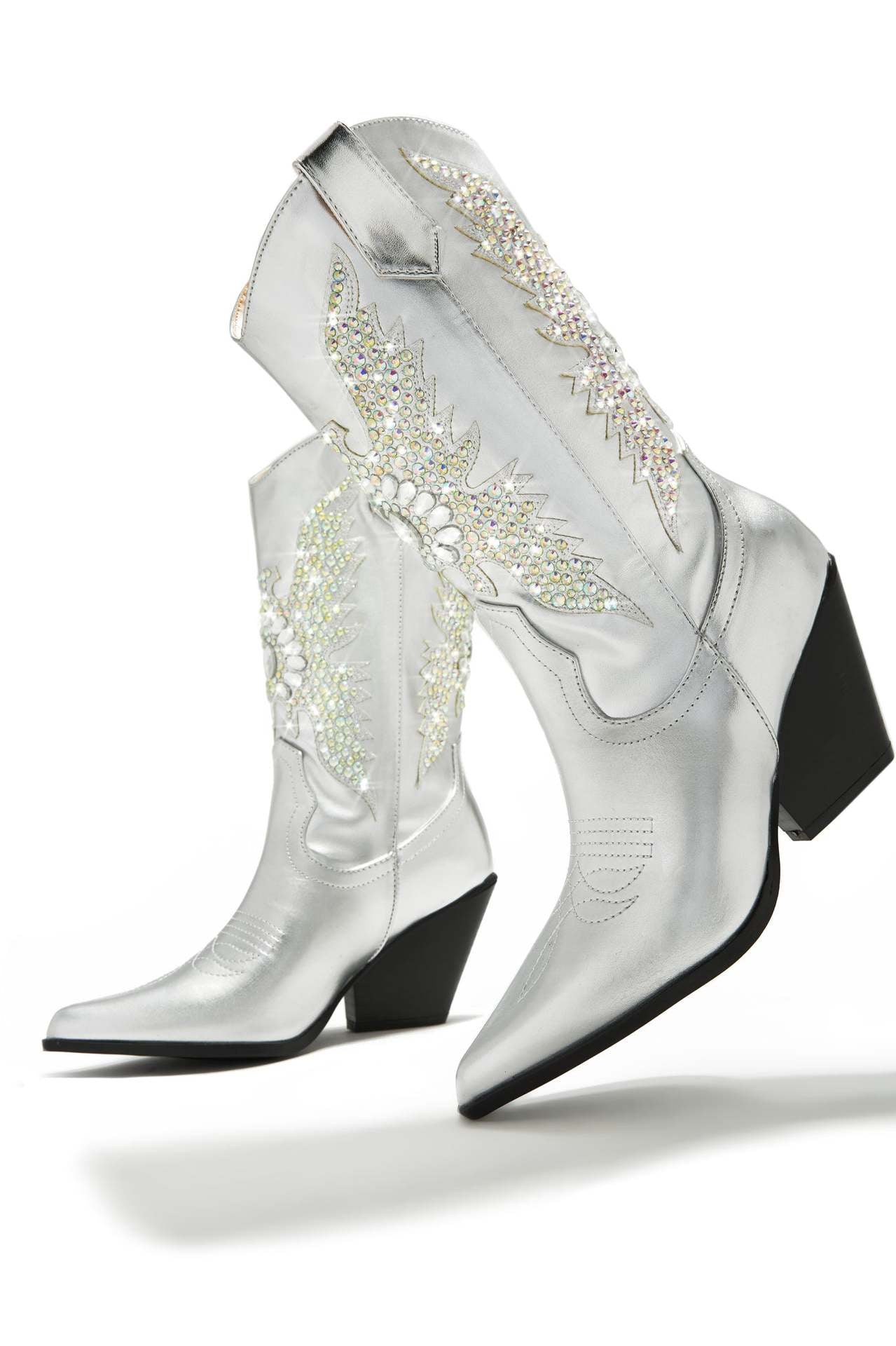Women Rhinestone Embellished Ankle Boots Pointed Toe Wedge Heels Cowboy Boots Female Bling Party Shoes - KAISERINC