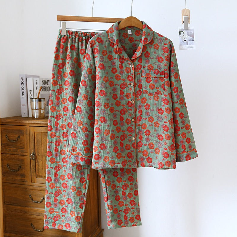 spring and summer women's pajamas suit long-sleeved trousers two-piece 100% cotton crepe flower leaves home clothes - KAISERINC