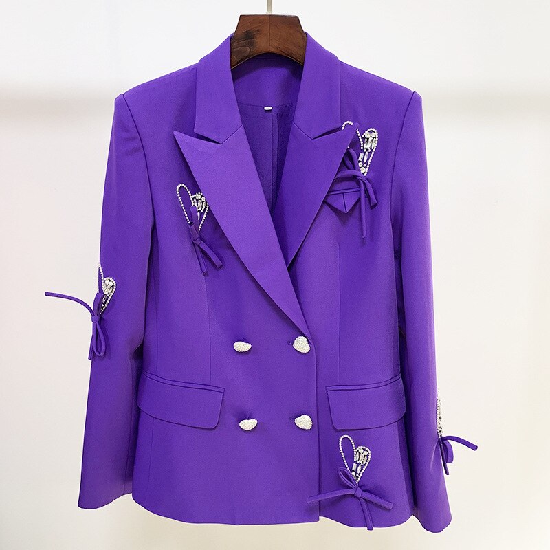 High-End Rhinestone Heart Button Bow Loose Suit Jacket Sweet Suit - KAISERINC