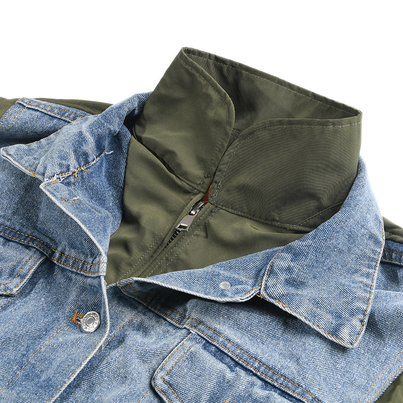 Winter New Irregular Contrast Color Washed Denim Stitching Stand-Collar Jacket Coat Cotton Padded Clothes - KAISERINC