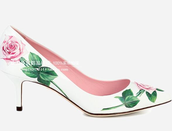 White Leather Flower Printed High Heel Shoes Sexy Pointed Toe Crystal Embellisehd Party Wedding Heels Pumps - KAISERINC