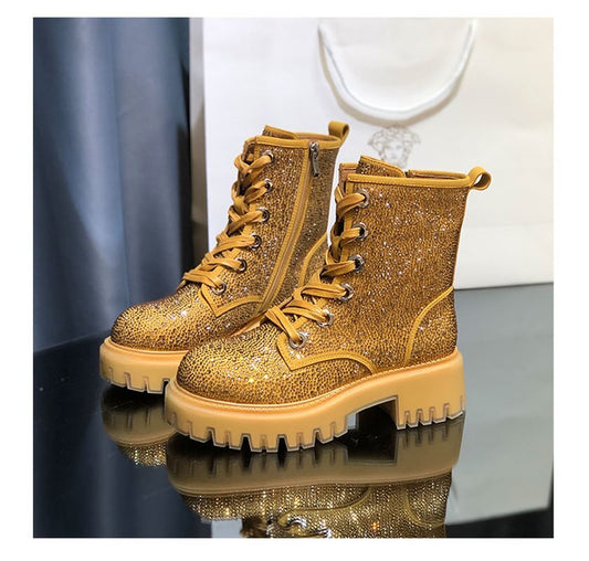 New Autumn and Winter Boots Leather Full Rhinestone Round Toe Thick Bottom Thick Heel Increased Side Zipper Lace-up Martin Boots - KAISERINC
