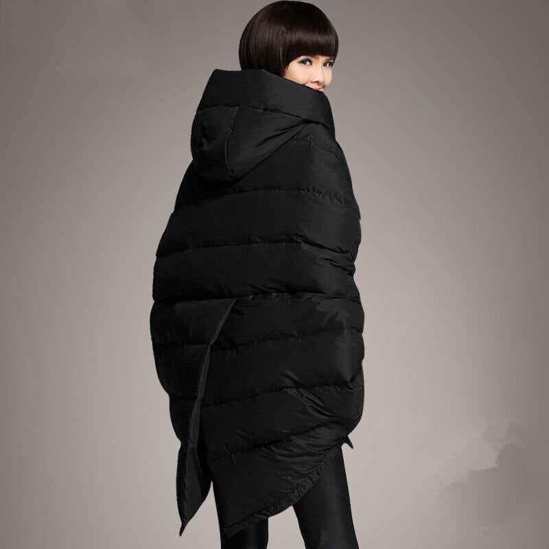 Down Jacket Women's New Mid Length White Duck Down Loose Pocket Hooded Cloak Jacket