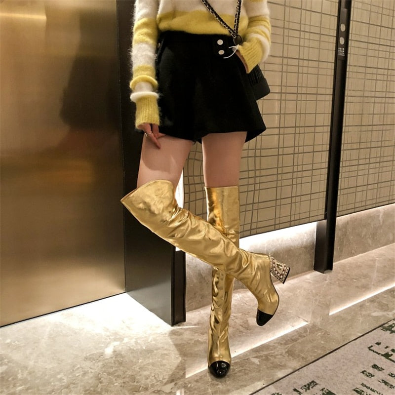 Fashion Sexy Women Pointed-Toe Boots Catwalk Style With Pearl Pattern Shaped Heel Over-The-Knee Large Size Shoes Party High Boot - KAISERINC