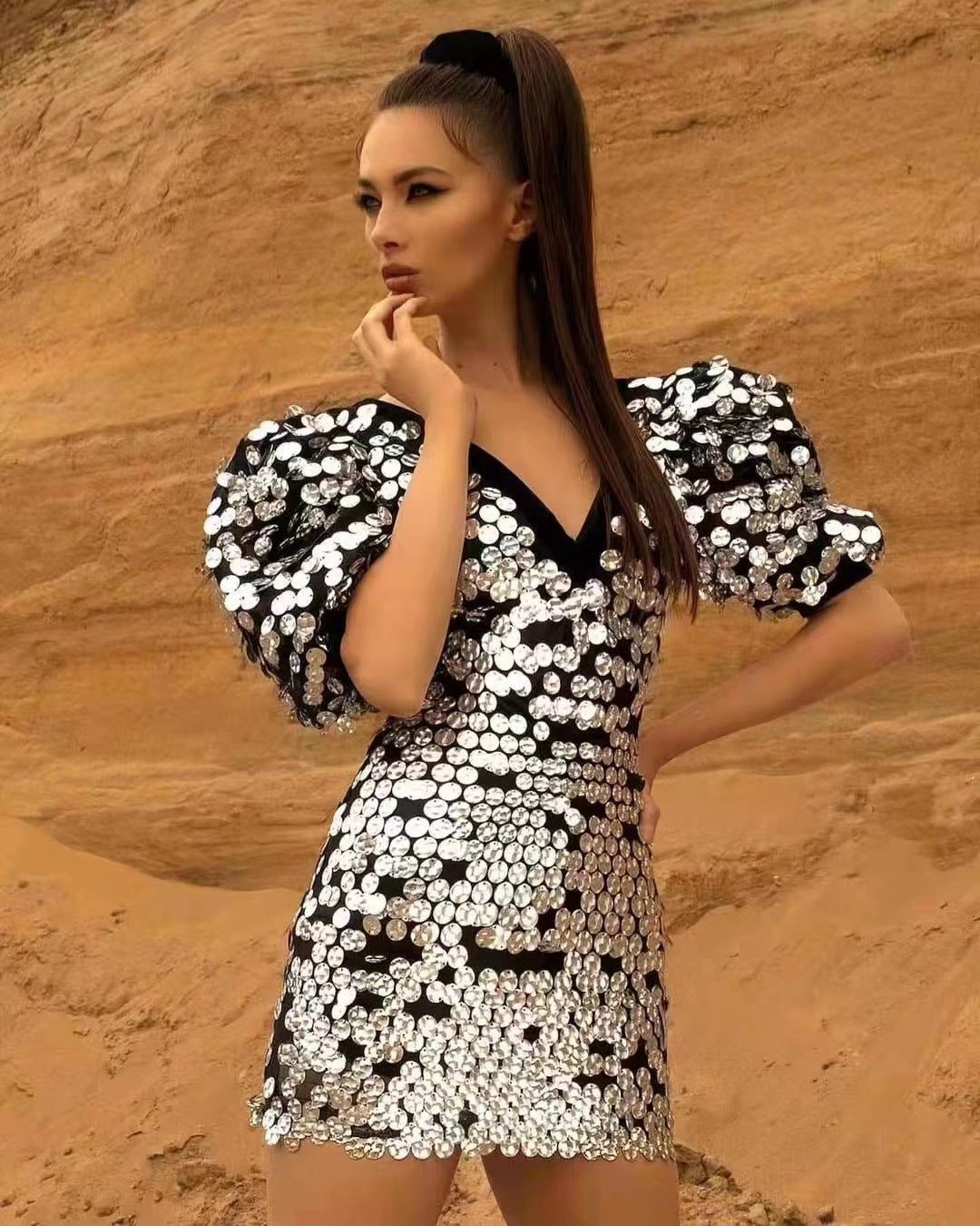 Sliver Sequins Mini Dress Women Short Sleeve V Neck Evening Celebrity Party Dress Summer  New Trendy - KAISERINC