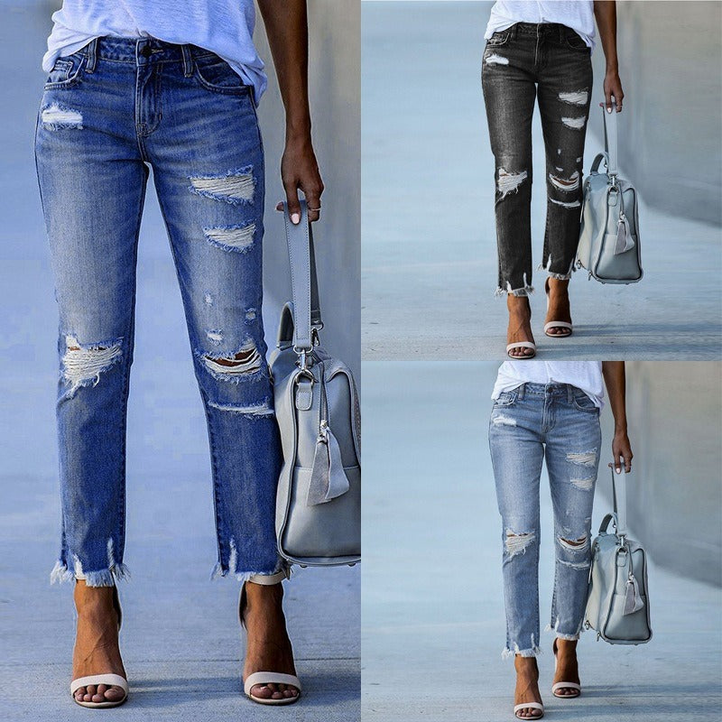 New Pencil Pants Ripped Slim Fit High Waist Vintage Streetwear Casual Fashion Stretch Blue Jeans Woman - KAISERINC
