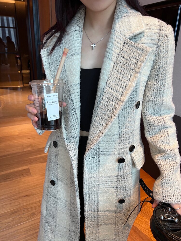 Loose Fit White Plaid Elegant Long Woolen Coat Parkas New Long Sleeve Women Fashion Trend Autumn Winter - KAISERINC