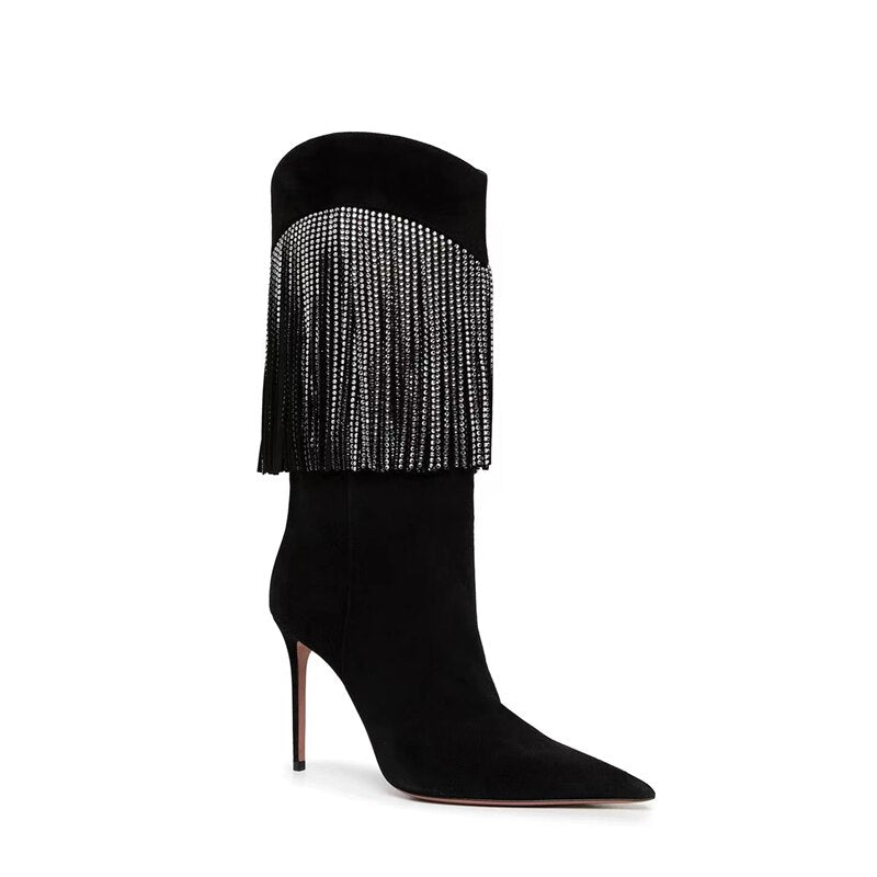 Autumn New Women's Pointed Toe Rhinestone Boots Silver Tassel Stiletto Suede Boots Black Super High Heels 34-43 Size - KAISERINC