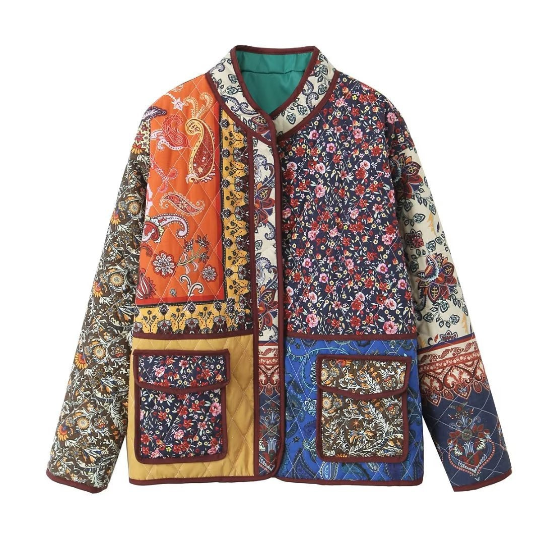 Vintage Printed Women Cotton Padded Jacket Traf   Winter Warm Long Sleeve Pockets Loose Coat Female Parkas Top - KAISERINC