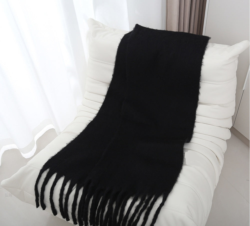 Mohair solid color scarf for women winter warm scarf macaron color thick braid tassel shawl - KAISERINC