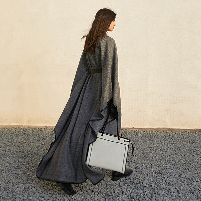 Loose Patchwork Wool Jacket For Women O Neck Batwing Sleeve Casual Solid Cloak Coat Female Fashion New - KAISERINC