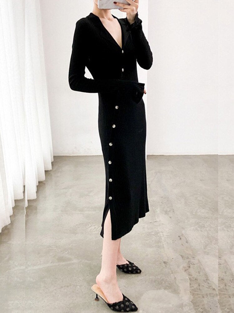 Autumn New Wool Knitted Women Dress French Style Medium-length Waist-skimming Sweater Dress High Quality Robe Dress
