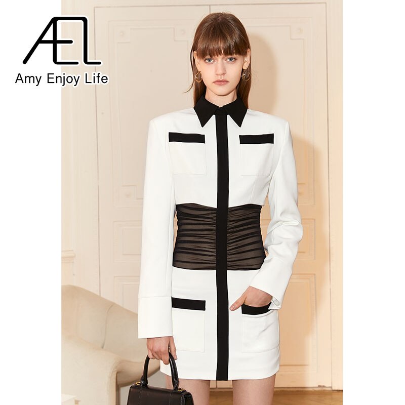 Black And White Collision Color Slim Modern Retro Sexy Black Mesh Waist Dress - KAISERINC