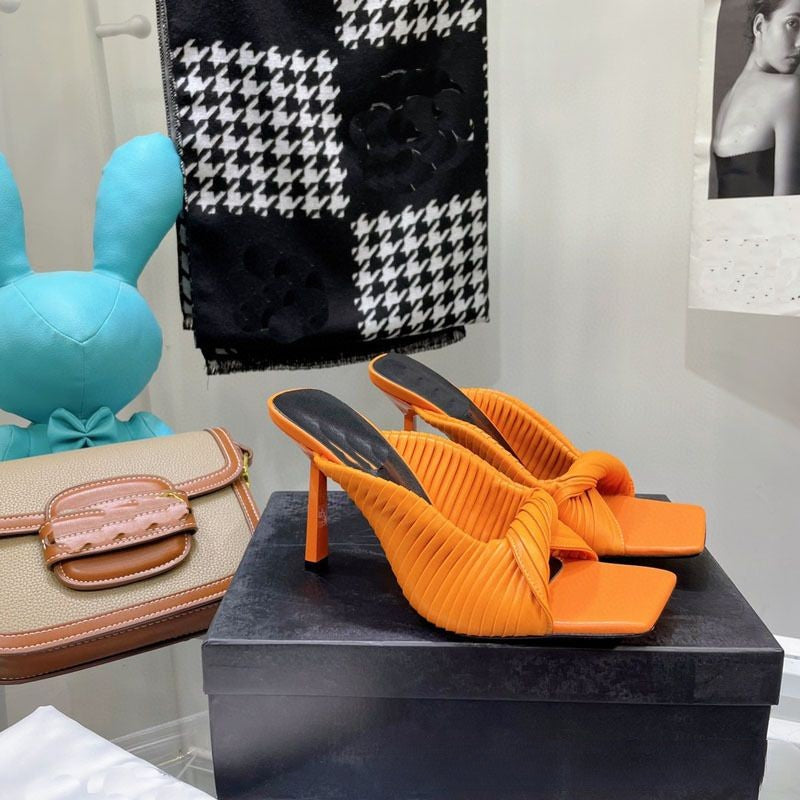 High heeled slippers fashion slim heeled multi-color pleated sandals square toe open toe women's shoes