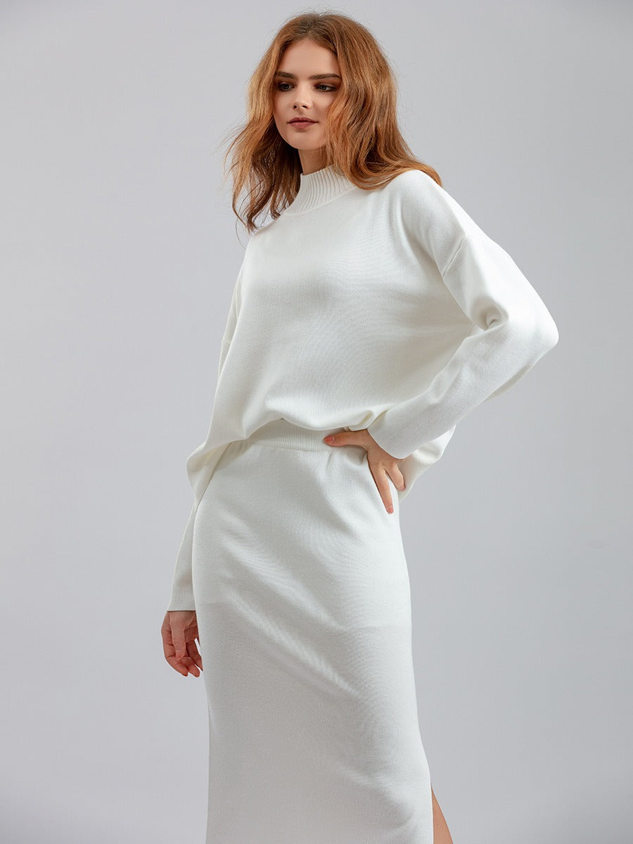 2 Pieces Knit Sets Women Maxi Skirt Tracksuits Winter Warm Turtleneck Sweater + Long Midi Straight Skirt Two Pieces Sets - KAISERINC