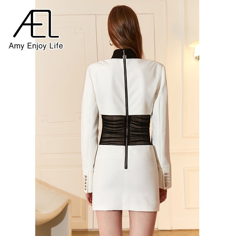 Black And White Collision Color Slim Modern Retro Sexy Black Mesh Waist Dress - KAISERINC