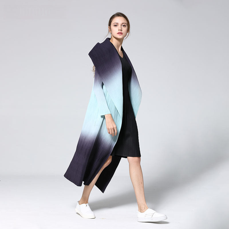 New Fashion Pattern Pleated Leisure Long Sleeve Cardigan Large Lapel Gradient Color Slim Women's Trench Coat - KAISERINC