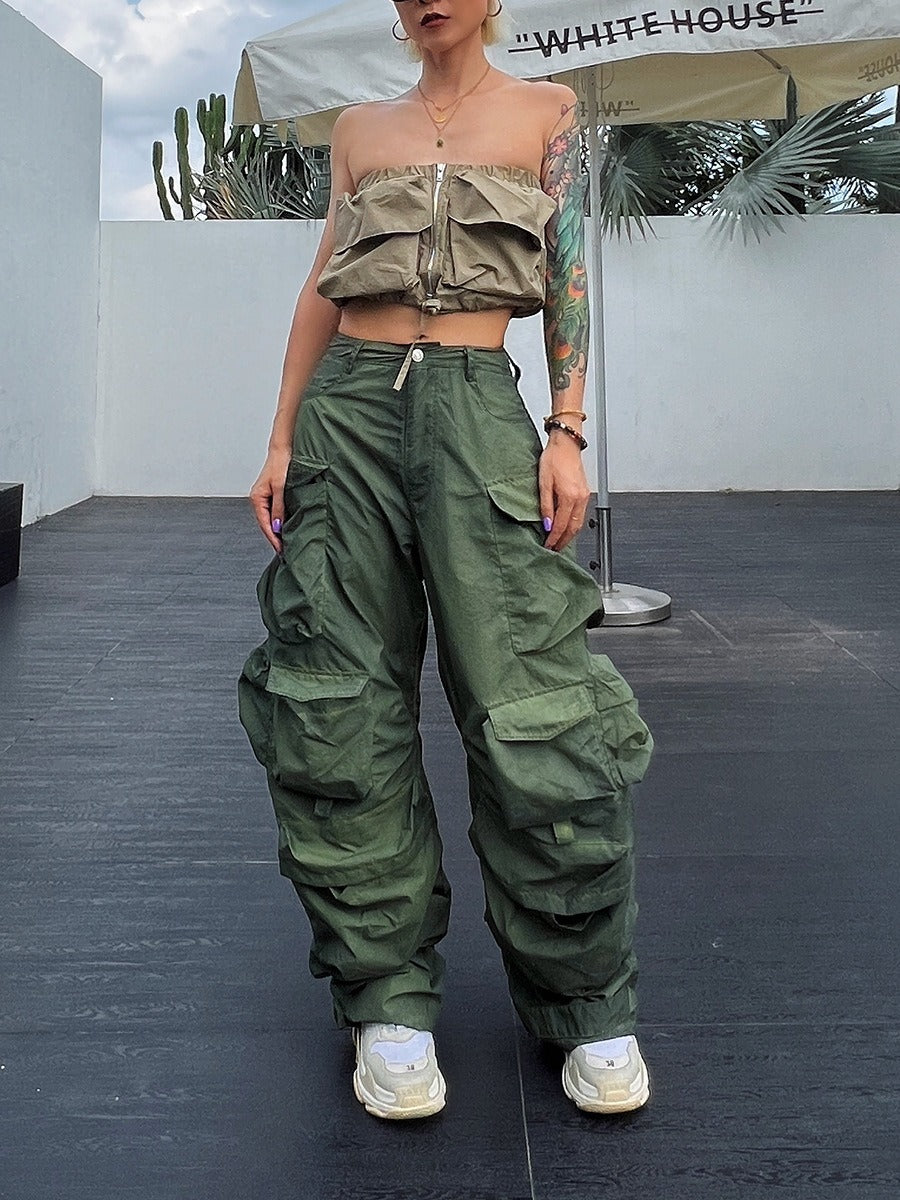 Solid Loose Pants For Women High Waist Patchwork Pockets Casual Streetwear Cargo Pant Female Fashion Clothing - KAISERINC