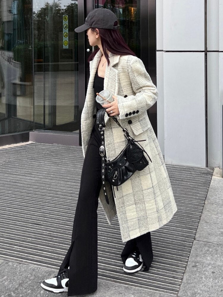 Loose Fit White Plaid Elegant Long Woolen Coat Parkas New Long Sleeve Women Fashion Trend Autumn Winter - KAISERINC