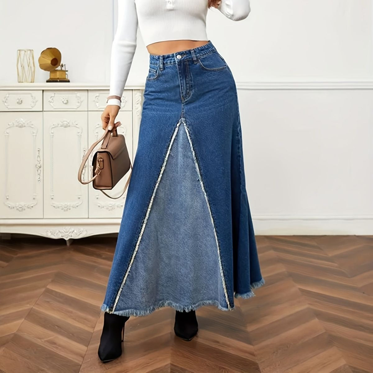 Autumn New Women's Denim Long Skirt Fashion Loose Spliced Denim Swing Skirt - KAISERINC