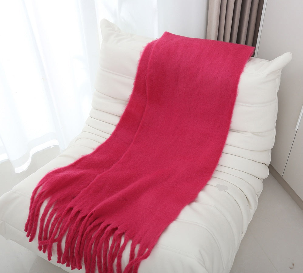 Mohair solid color scarf for women winter warm scarf macaron color thick braid tassel shawl - KAISERINC