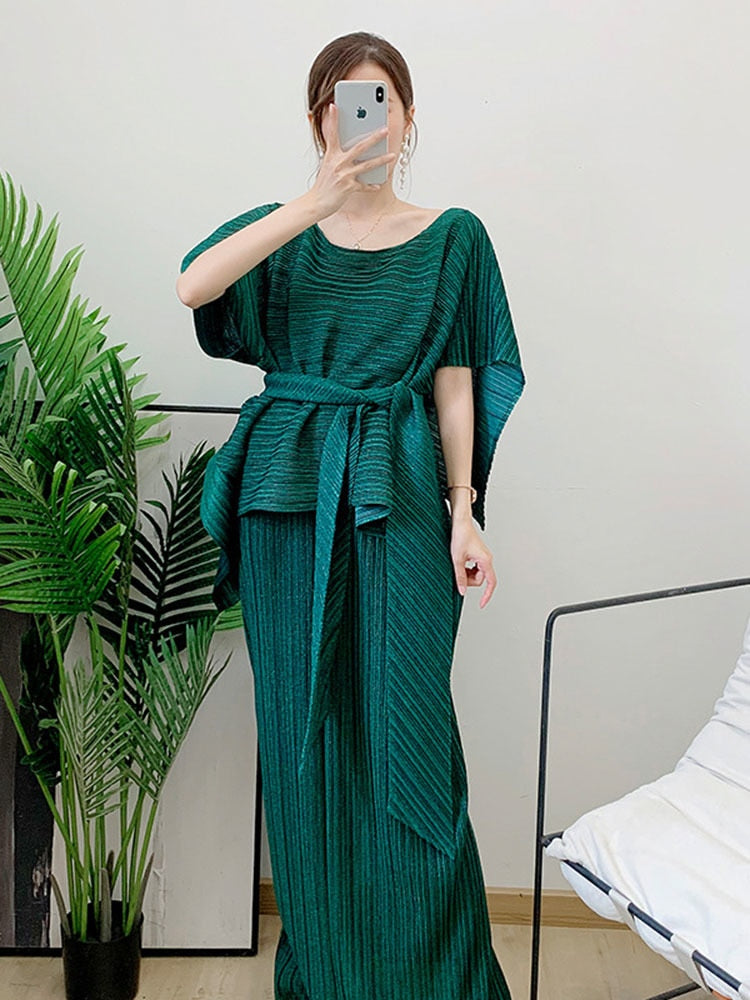 Two Pieces Pleated Skirt Set For Women Batwing Sleeves Loose Top With Long Length Skirts Female Elegant Clothing - KAISERINC