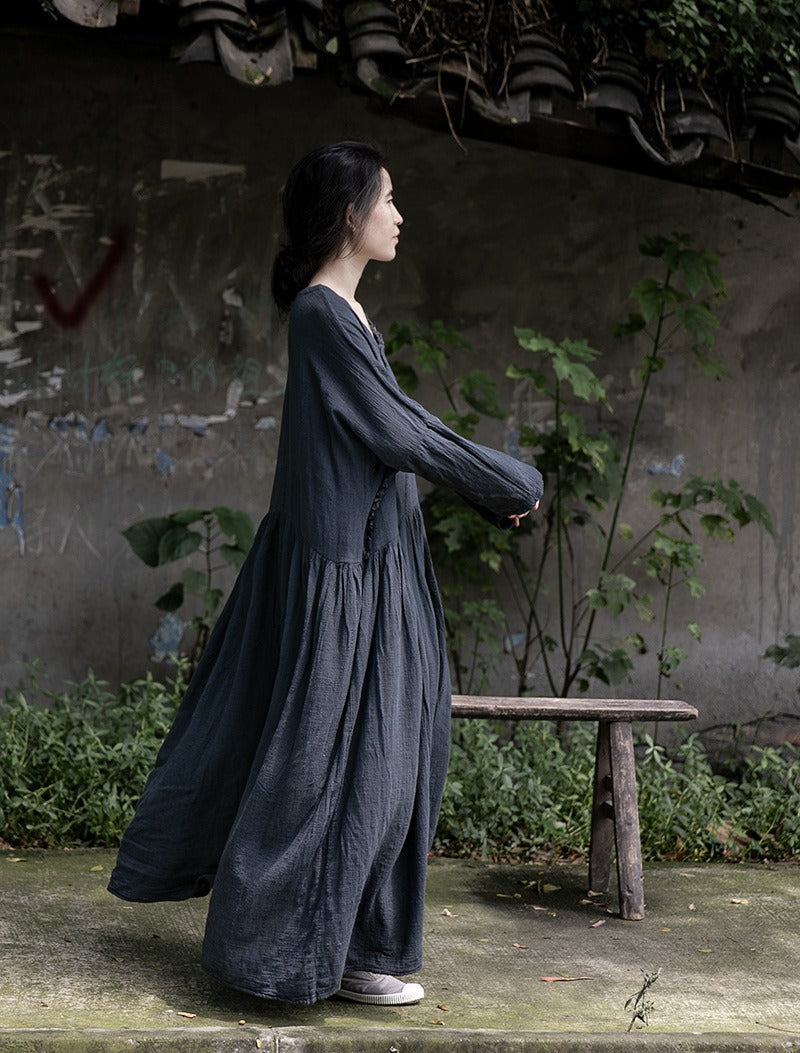 Travel literary soft loose slimming robe cotton and linen draped raw edge dress - KAISERINC