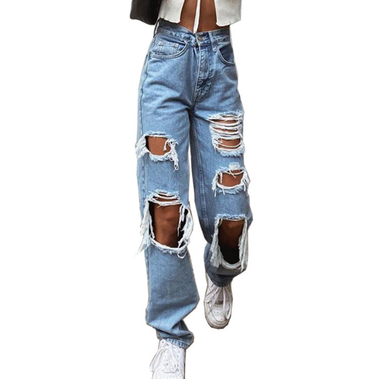 Sexy Summer Ripped Jeans Woman High Waist Holes Destroyed Broken Wide Pants Vintage Female Denim Trousers Distressed Designer - KAISERINC