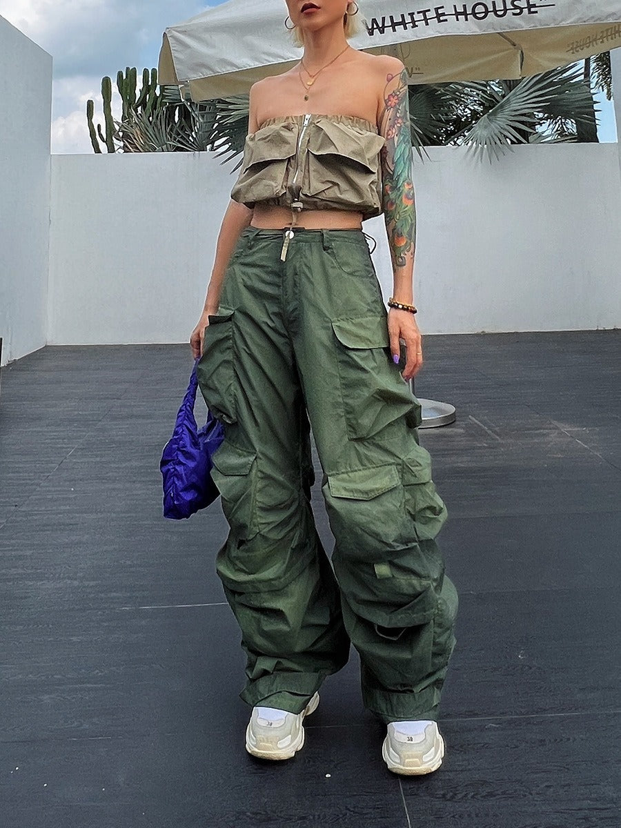 Solid Loose Pants For Women High Waist Patchwork Pockets Casual Streetwear Cargo Pant Female Fashion Clothing - KAISERINC