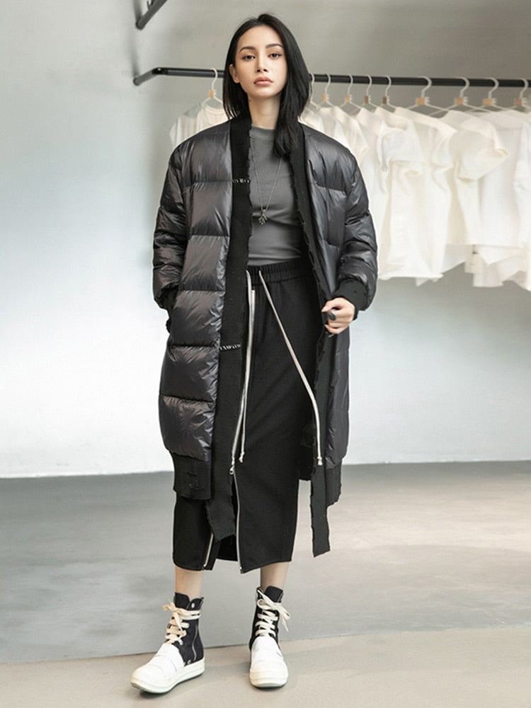 Loose Fit Black Spliced Down Jacket New V-neck Long Sleeve Warm Women Parkas Fashion for Autumn Winter - KAISERINC