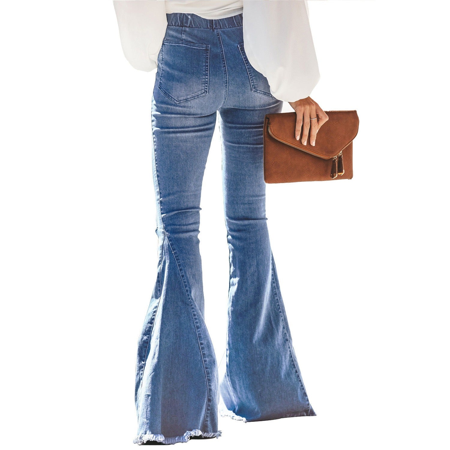 New Black and Blue Women's High Waist Denim Flared Pants Ripped Elastic Waist Jeans - KAISERINC