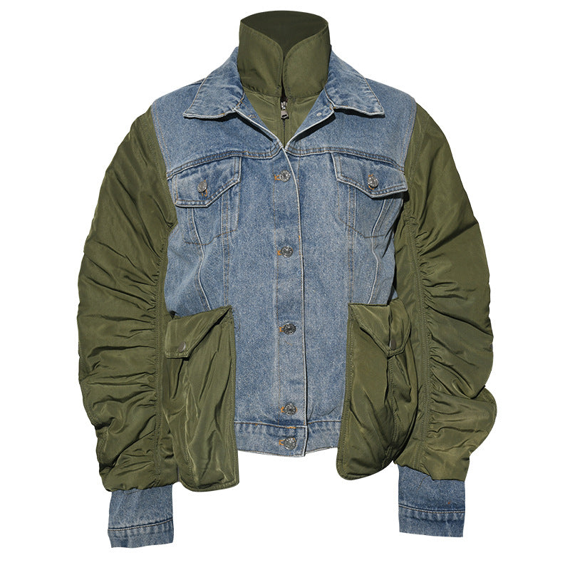 Winter New Irregular Contrast Color Washed Denim Stitching Stand-Collar Jacket Coat Cotton Padded Clothes - KAISERINC