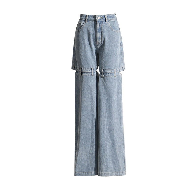 Solid Hollow Out Jeans For Women High Waist Patchwork Zipper Minimalist Casual Wide Leg Jean Female - KAISERINC