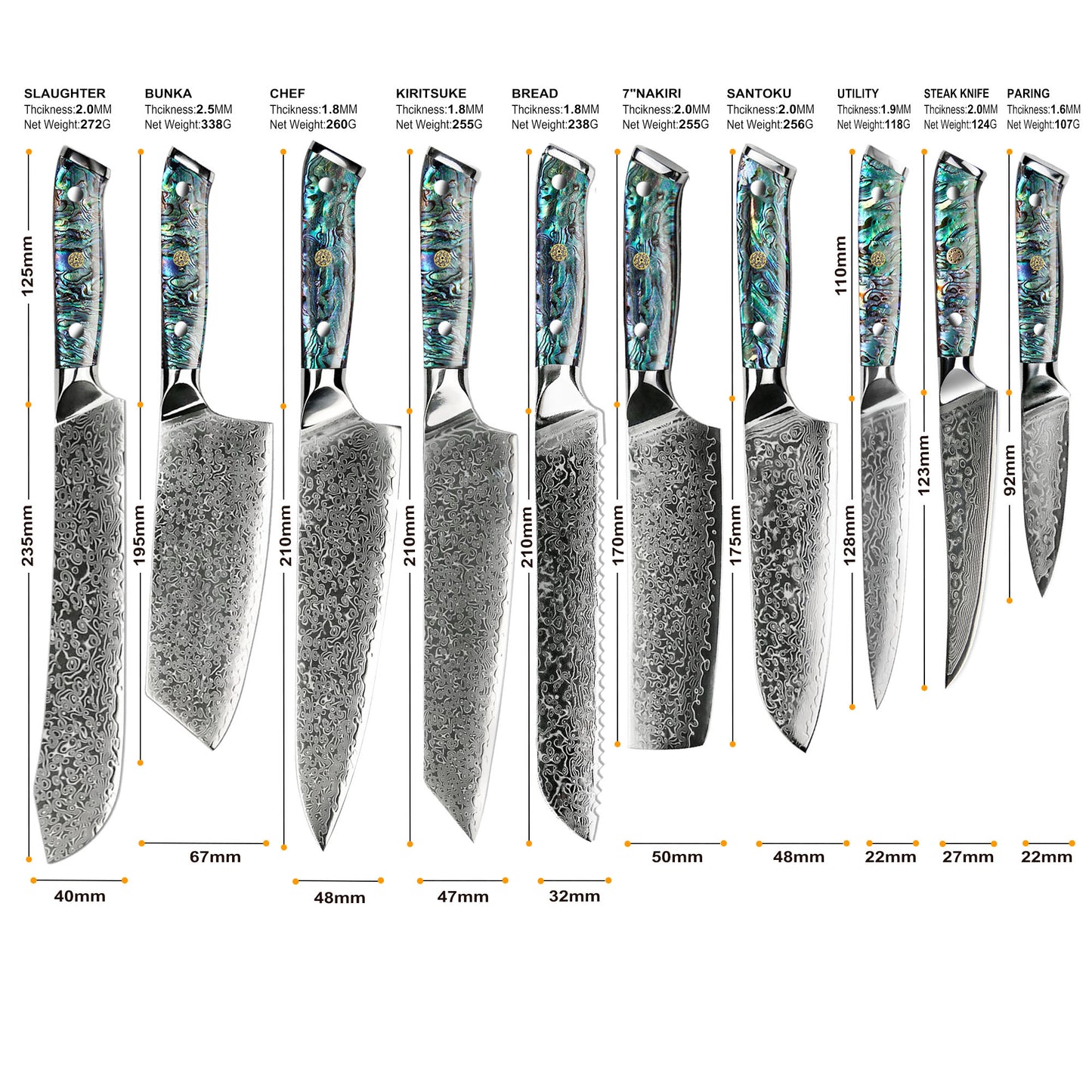 Professional Damascus VG 10 Steel Core 67 layers stainless steel Abalone handle kitchen knives set - KAISERINC