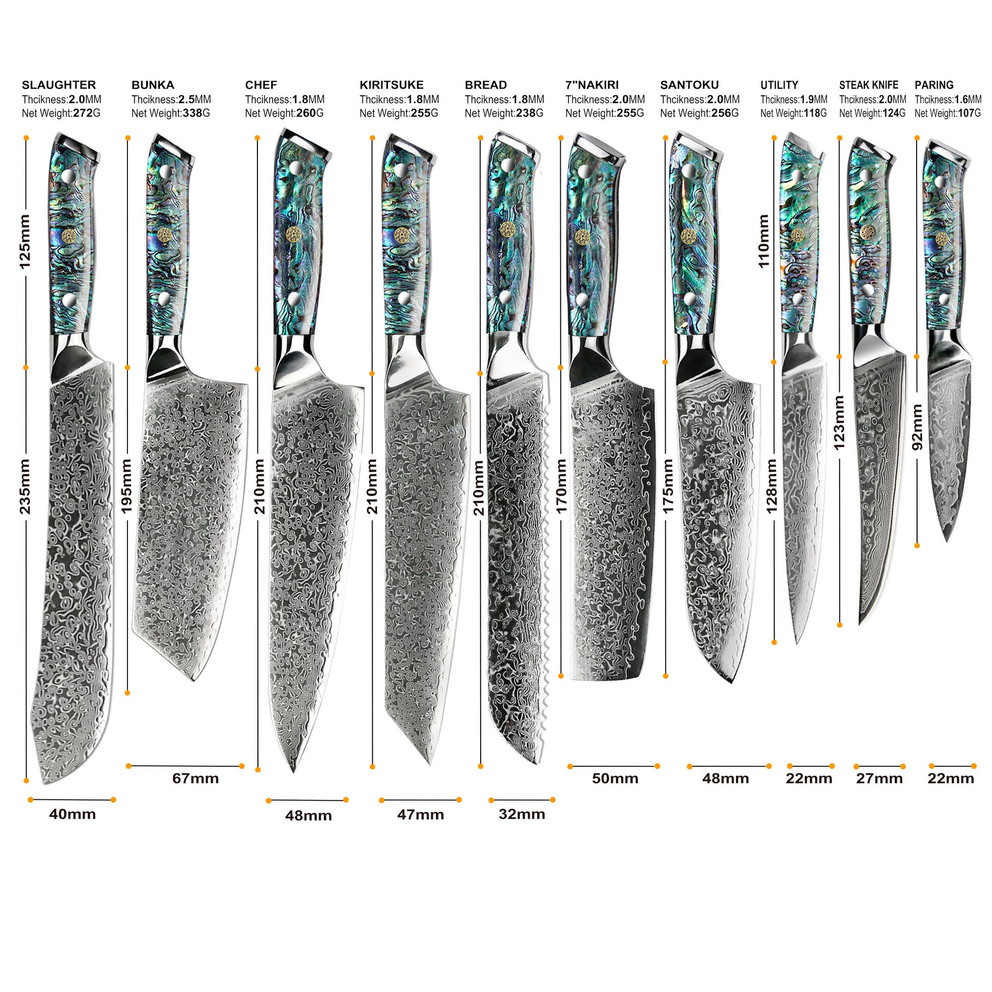Professional Damascus VG 10 Steel Core 67 layers stainless steel Abalone handle kitchen knives set - KAISERINC