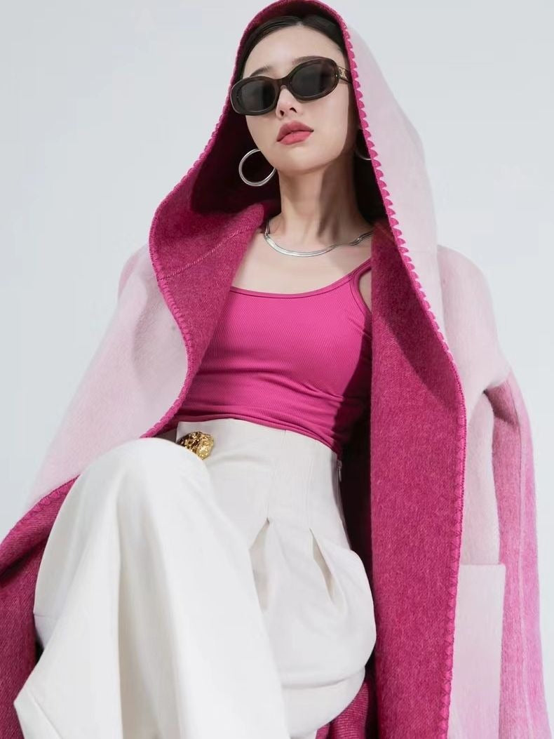 Fashion Women's Woolen Coat Hooded Buttonless Lace-up Straight Two-sided Gradient Mid-calf Overcoat - KAISERINC
