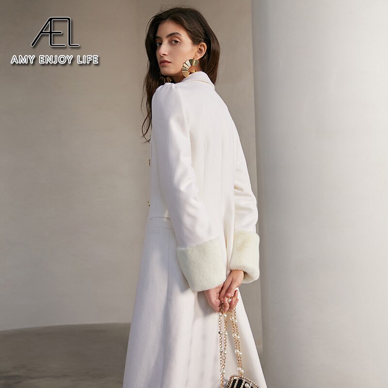 AEL Woolen Coat women Winter Lapel Collar Double-Breasted Warm Overcoat Snow White Slim Long Blazer - KAISERINC