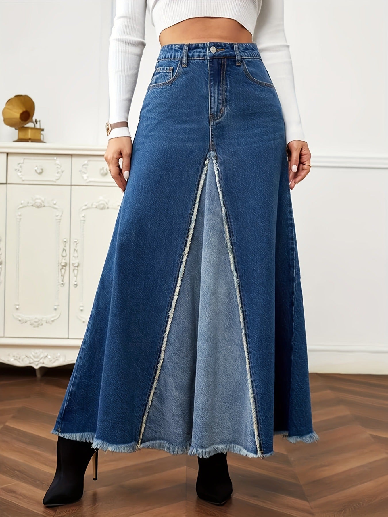Autumn New Women's Denim Long Skirt Fashion Loose Spliced Denim Swing Skirt - KAISERINC